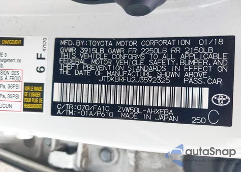 2018 Toyota Prius One from USA, damaged, VIN JTDKBRFU2J3592325